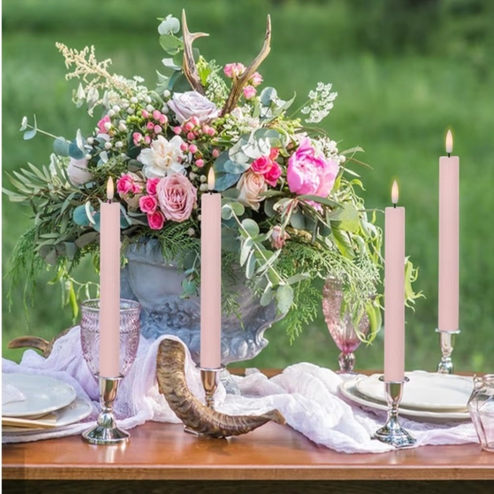Pink Ribbed Flameless LED Taper Candles | Set of 6 | Remote and Timer | 9.64in